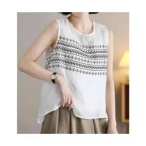 여친 여름 빈티지 민소매 앤티크 루즈핏 셔츠 티 자수 라운드 민소매티 모시 OP5