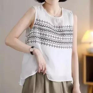 여사친 여름 빈티지 민소매티 앤티크 모시 민소매 셔츠 자수 라운드 루즈핏 티 KS5