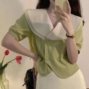 [옷은날개] 쉬폰 이중 빅카라 레이스 여성 반크롭 반팔 블라우스