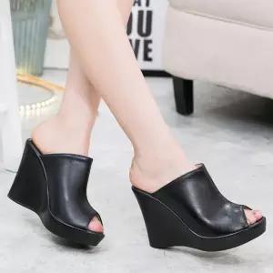 소가죽 굽높은 구두 토오픈 뮬 가보시 슬리퍼 키높이