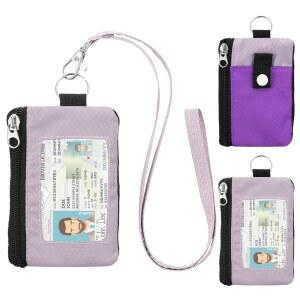 ZHOMA 미니멀리스트 RFID 차단 지갑 랜야드 지퍼 포켓 2개와 남녀용 키 체인이 있는 기능성 ID 케이스 파우치 카드 홀더 여행용 코인 퍼플