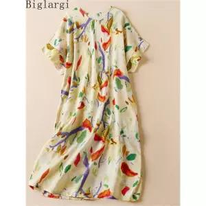 린넨 아일렛 봄 여름 가을 원피스 플러스 사이즈 빈티지 플로럴 드레스 캐주얼 루즈 여성 코튼 리넨 프린트