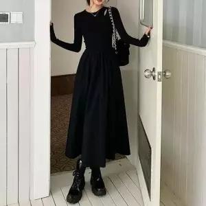 펀칭 가을원피스룩 페이크 A라인 2중 원피스