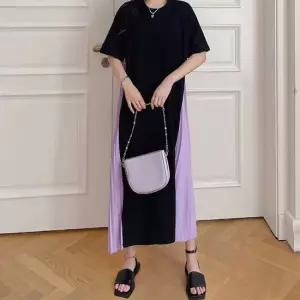 심플 라운드넥 코튼 배색 플리츠 주름 롱원피스