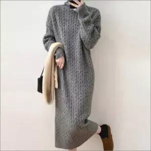 골지 겨울 롱원피스 니트 폴라 4컬러 목폴라 여자 꽈배기 하이넥