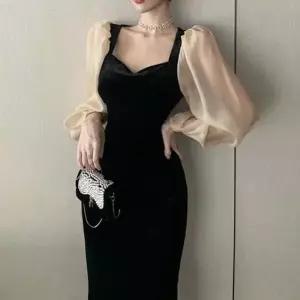 시스루 퍼프 여성 벨벳 럭스 원피스