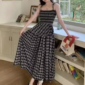 여성 여름 휴가 여행 A라인 체크 나시 롱 원피스