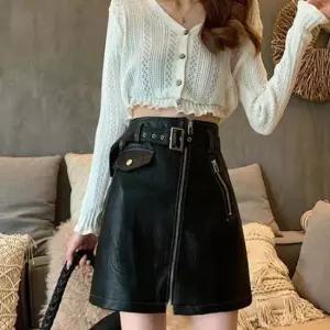 미니 치마 앞지퍼 레더 여자 스커트 페이크 시크