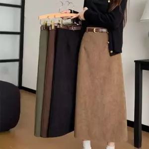 여성 윈터 스커트 코듀로이 롱 치마 벨트 포함