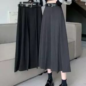 여성 하이웨스트 주름 플리츠 롱 스커트 벨트세트