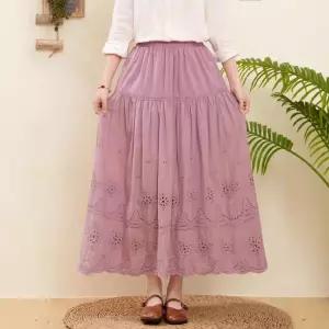 엘럽 여성 치마 롱 면 여름 슬림핏 셔링 밴딩 펀칭 허리 자수 원템1