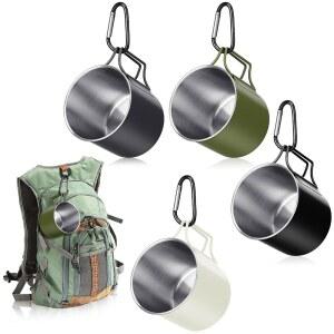 Zhehao 12온스 캠핑 머그잔 세트 금속 커피 컵 스테인리스 스틸 4개와 접이식 손잡이 D 링 휴대용 배낭 여행용 야외 하이킹 등산 피크닉 파티