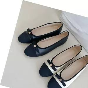 쿠션플랫 낮은굽 리본장식 앞코 배색 둥근코 정장 단화 구두