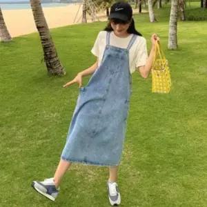 사랑스럽고 귀여운 데님 멜빵 포켓 여성원피스 롱원피