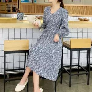 플라워원피스 롱 패턴 긴팔 플리츠 봄 플라워 원피스