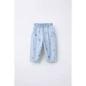 [국내발송] 자라 ZARA 자수 플라워 페이퍼백 배기 청바지 - 블루