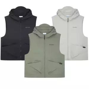 컬럼비아 여성 나일론 후드 베스트 아웃도어룩 스포츠웨어 모자 달린 조끼 수납 기능 가벼운 간절기용