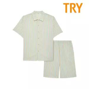 [TRY]트라이 남성 면 레이온 반팔 선염 체크 파자마 여름 잠옷 세트 TMJSK13