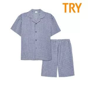 [TRY]트라이 남성 순면 40수 반팔 선염 체크 파자마 여름 잠옷 세트 TMJSK12