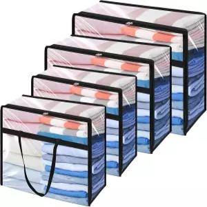 Juinrinet 4팩 투명 보관 가방 90L+60L 40L 의류 담요 지퍼 옷장 정리함 이동 침구 이불 위한 로프트