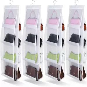 IANFAN 4팩 걸이형 핸드백 지갑 정리함 8포켓 공간 절약형 두꺼운 금속 고리가 있는 여성 옷장 흰색 41인치