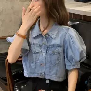 캐주얼 벌룬 소매 언발란스 기장 숏 반팔 데님자켓