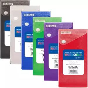 BAZIC 제품 슬라이더 필통 유틸리티 보관함 스냅 클로저 반투명 모듬 색상 다목적 정리함 6팩