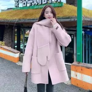 여성 롱 분홍 울 겨울 코트 머플러 데일룩 더블 럭셔리 모피 DAOL4