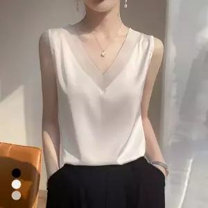 화세 실키브이넥나시블라우스_HL6MBL002C