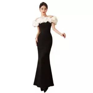 오프숄더 머메이드 이브닝 결혼식하객룩 드레스 원피스 파티복 블랙 롱