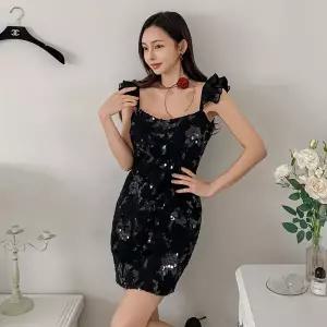 |KSO5A44|여성 파티 드레스 스팽글 꽃 프릴 나시 슬림 미니 원피스