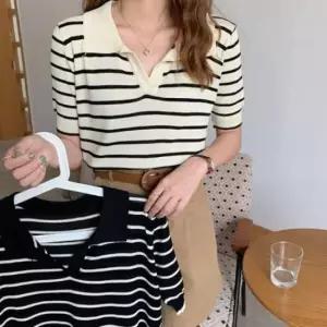 [옷은날개] 여성 스트라이프 카라 브이넥 소매 밴딩 반팔 니트