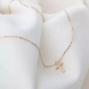 [미니아트]14K 금 골드 큐빅 십자가 펜던트 데일리 목걸이_45cm