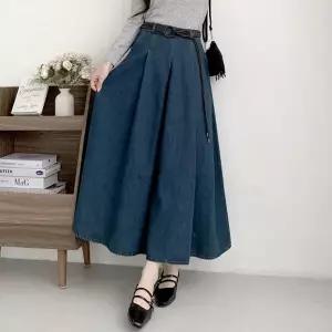여성 벨트 세트 뒷밴딩 데님 핀턱 롱 스커트 청치마 -WSK0198- 봄 가을