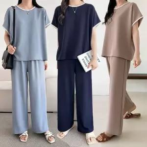 여성 배색 반팔티 와이드 밴딩 팬츠 세트 홈웨어 츄리닝 트레이닝 셋업 -WPST0442- 여름