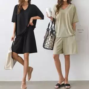 여성 88까지 가볍고 시원한 브이넥 반팔 티셔츠 밴딩 반바지 츄리닝 세트 트레이닝복 -WPST0077- 여름