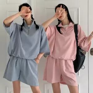 여성 88까지 나일론 무지 반집업 반팔티 반바지 아노락 세트 트레이닝 츄리닝 -WPST0391- 여름