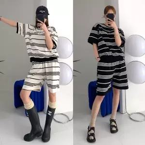 여성 면 단가라 반팔 티셔츠 밴딩 반바지 츄리닝 세트 트레이닝 투피스 셋업 -WPST0059- 여름