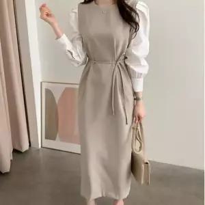 격식있는자리 단정함 소매배색디테일 H라인원피스