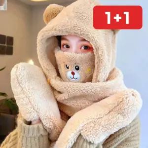 여성 겨울 뽀글이 후드목도리 학생 방한 일체형모자 장갑  1+1
