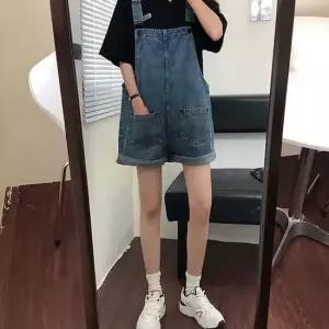 여자 귀여운 중청 앞포켓 멜빵 반바지 점프수트 롤업