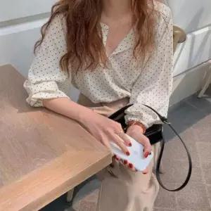 [SBD] 블라우스 부드러운 도트 라운드넥 쉬폰 여성 소매밴딩