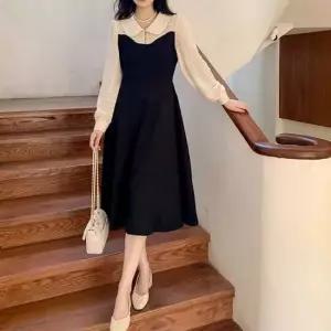 옆지퍼 앞 주얼리단추 블랙 레이어드디자인 원피스