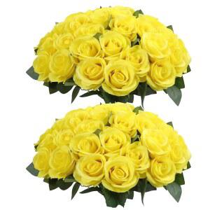 DELOVO 52피스 DIY 가짜 부케 브라이덜 조화 실크 장미 줄기 포함 노란 웨딩