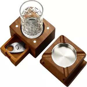 남성용 프리미엄 시가 재떨이 선물 세트 - 위스키 유리 커터 및 방수 코스터가 포함된 더블 레이어 솔리드