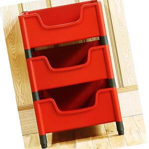스마트 3단-레드-고정형 적층식 수납장 트롤리 공간박스 수납용박스 리빙박스 블라스틱박스