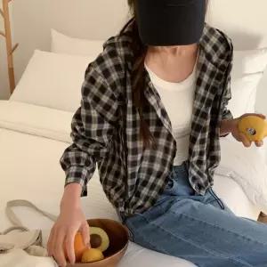 여자 데일리 봄 루즈핏 체크 후드 크롭 자켓