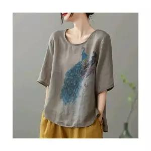 여자 티 프린트 여름 앤크 모시 부 루즈핏 무드 라운드 풀오버 린넨 탑 원템5