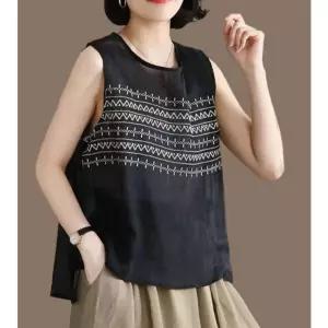 지니코코 여친 여름 빈지 루즈핏 앤크 셔츠 모시 라운드 자수 티 민소매 ADOR5