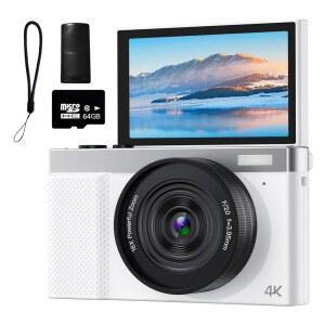[미국배송] 4K 디지털 카메라 3인치 180 플립 스크린을 갖춘 64MP 브이로그 초급용 64GB 마이크로 SD 카드를 16배 컴팩트 카메라(화이트)